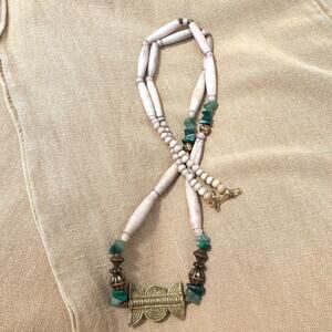 Ethnic handmade Necklace of Turquoise Green and Blue Stones, Bone with Pendant